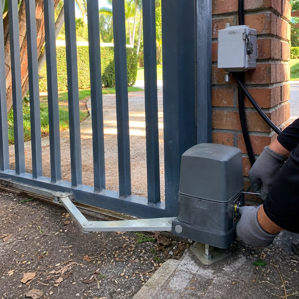 Technician performing electric gate motor repair and maintenance
