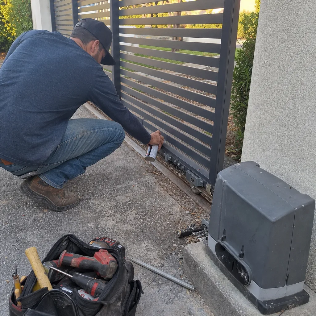 Professional technician repairing and lubricating a residential sliding gate opener mechanism