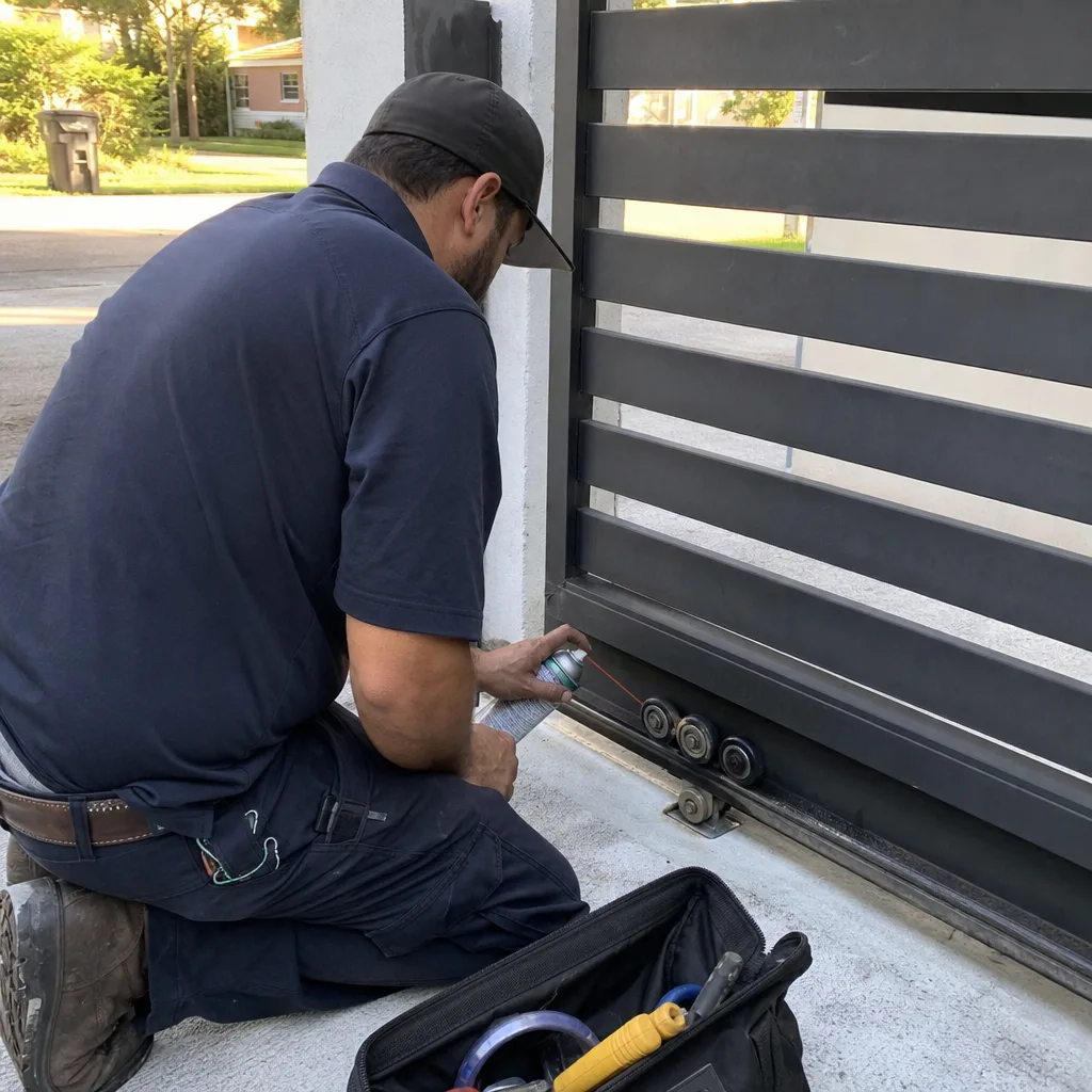 Technician performing professional sliding gate opener repair and maintenance