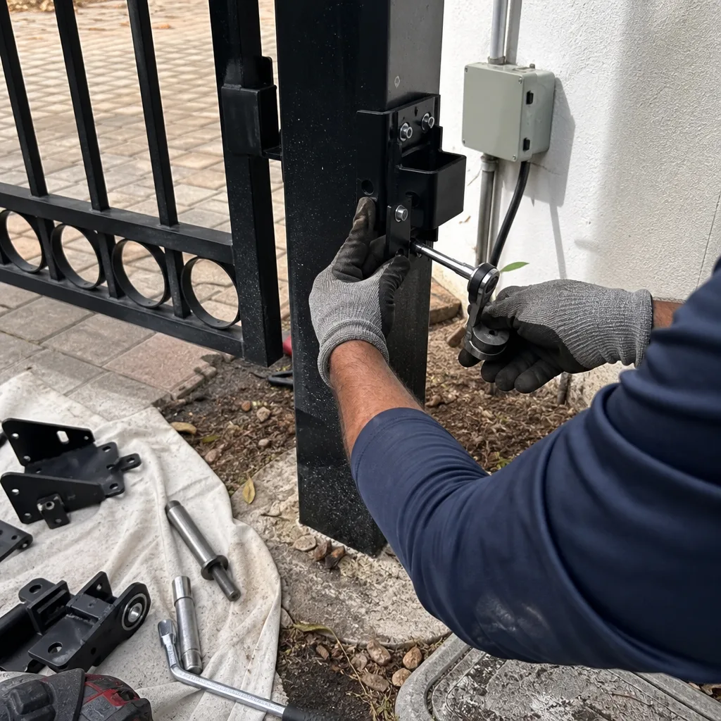 Technician using tools to perform professional residential gate hinge repair
