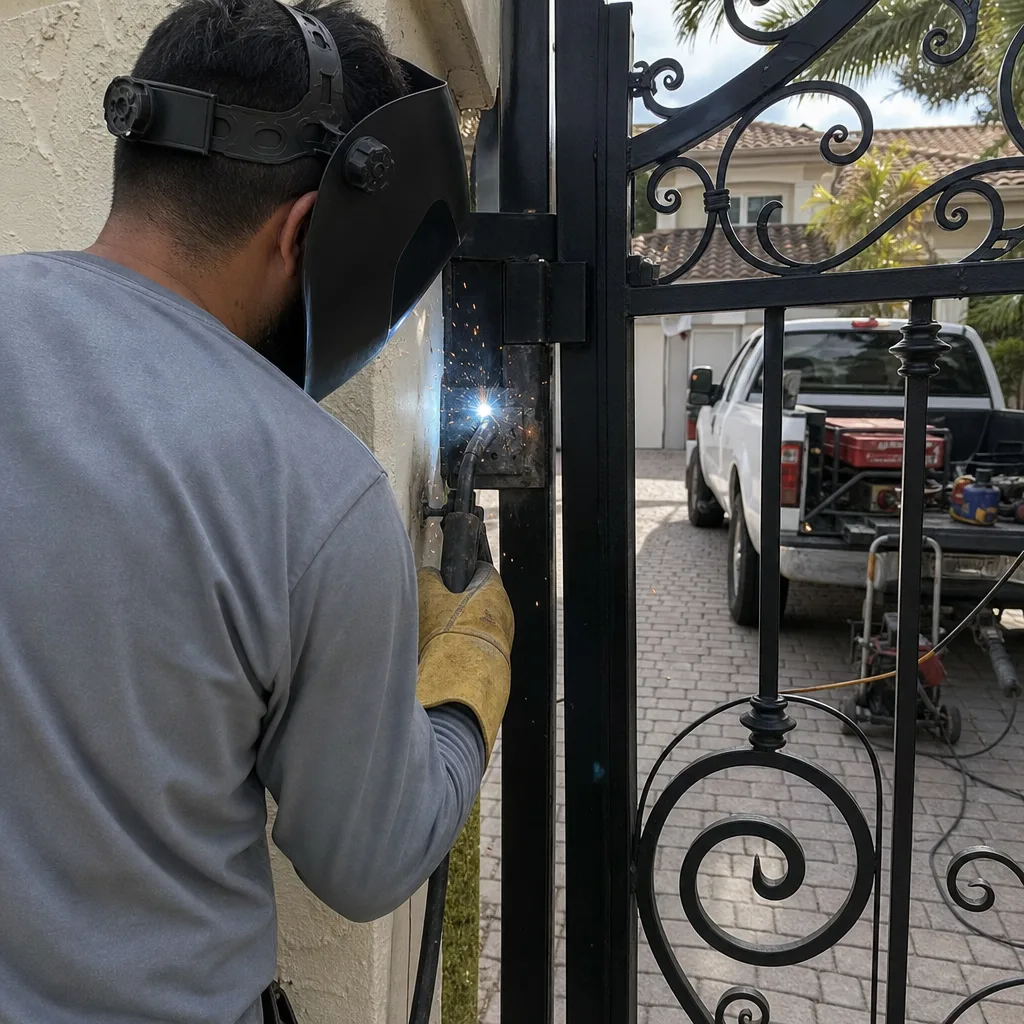 Professional welder performing metal gate repair and hinge welding service
