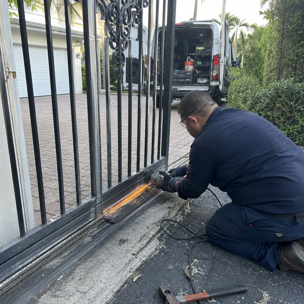Technician using an angle grinder to perform metal gate repair